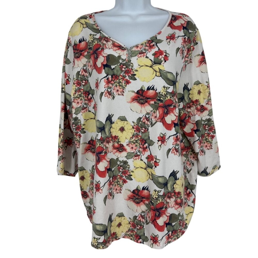 Chico's Button Detail V-Neck Floral Long Sleeve Button Women's Top Size 3 US XL